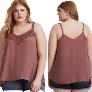 Torrid Georgette Swing Cami Top Womens US 10 Walnut Crochet Dusty Pink Coquette